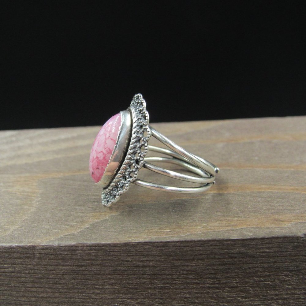 Size 5.75 Sterling Silver Ornate Pink White Stone Adjustable Band Ring Vintage - Picture 2 of 8